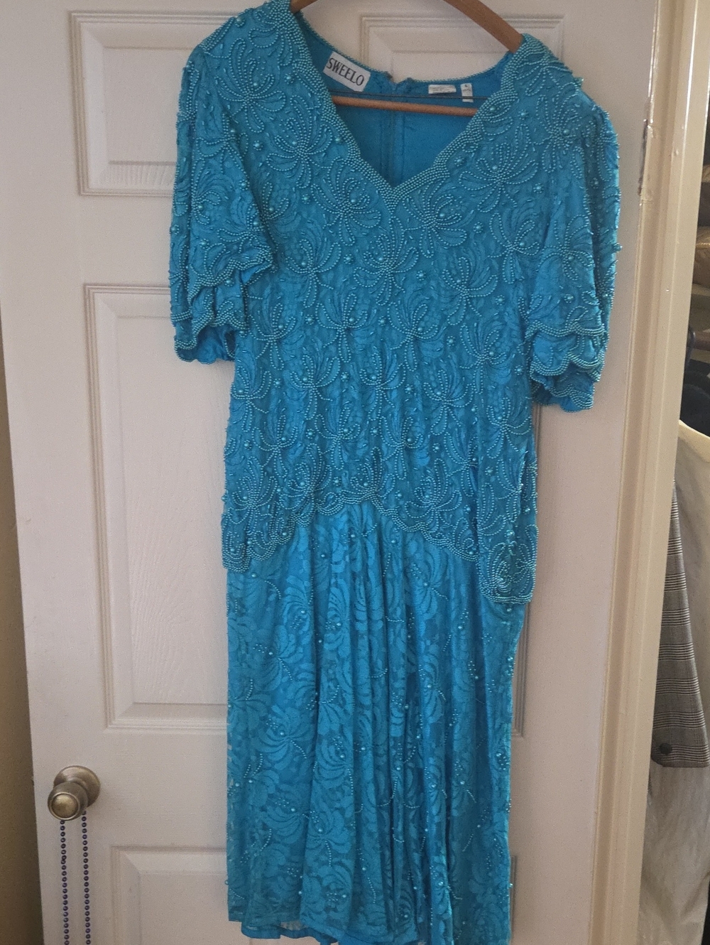 Turquoise Beaded V-Neck Women's Dress